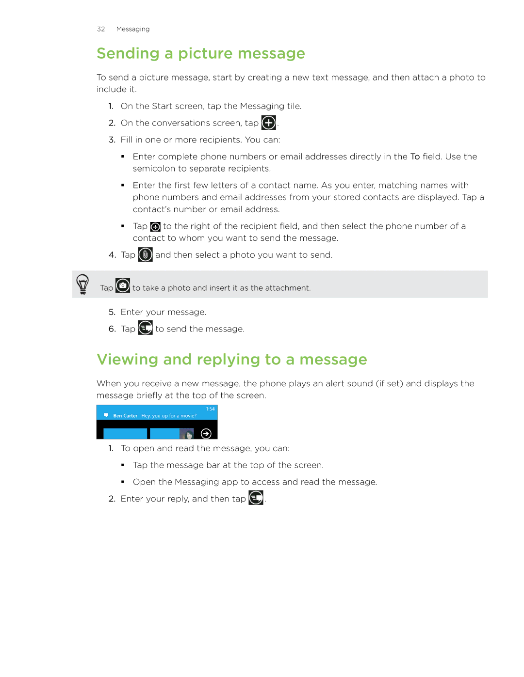 HTC 7 manual Sending a picture message, Viewing and replying to a message 