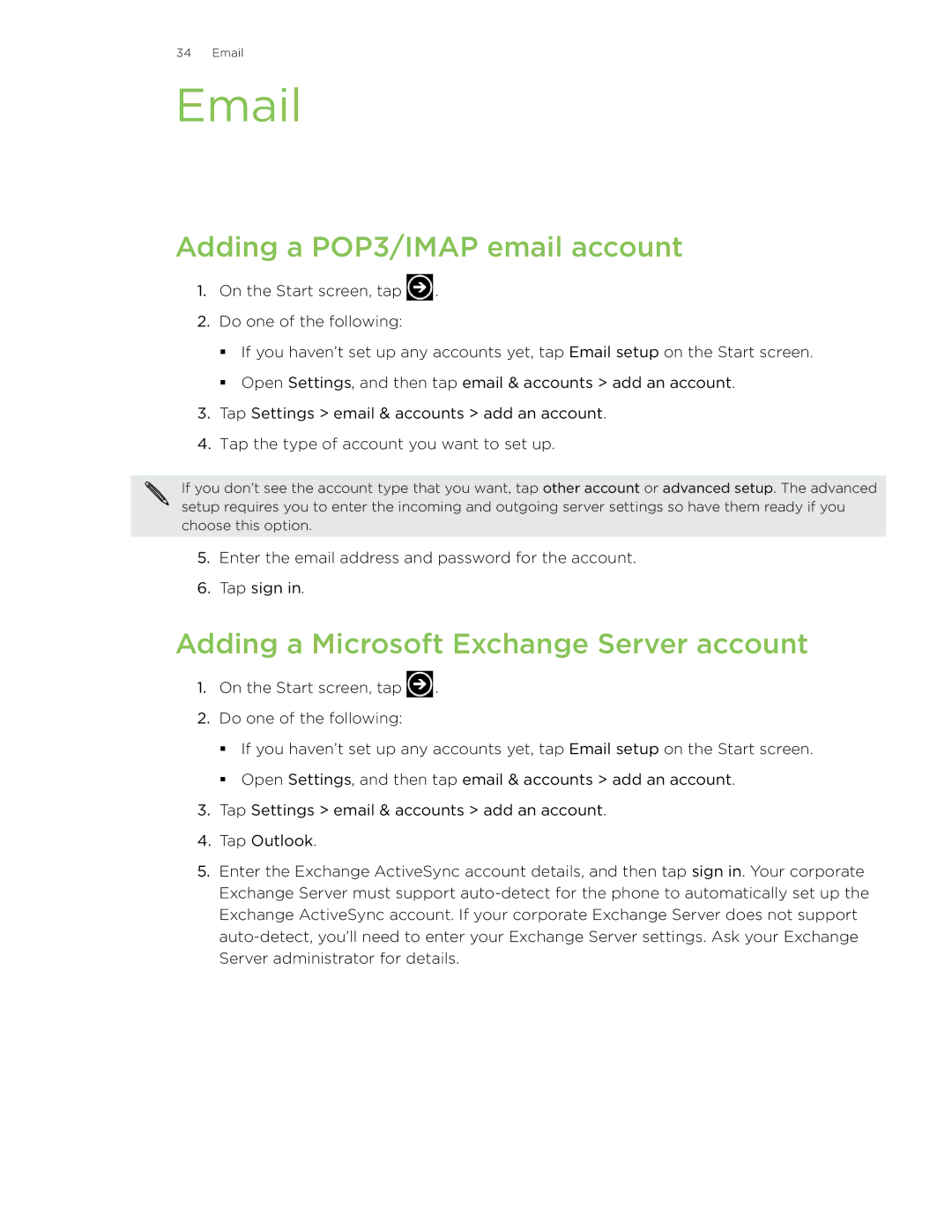 HTC 7 manual Adding a POP3/IMAP email account, Adding a Microsoft Exchange Server account 