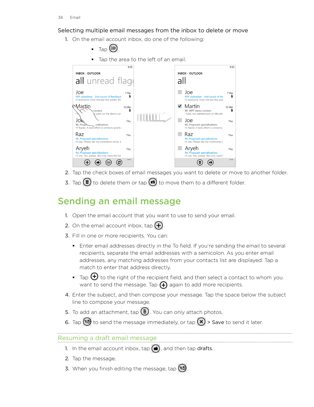 HTC 7 manual Sending an email message, Resuming a draft email message 