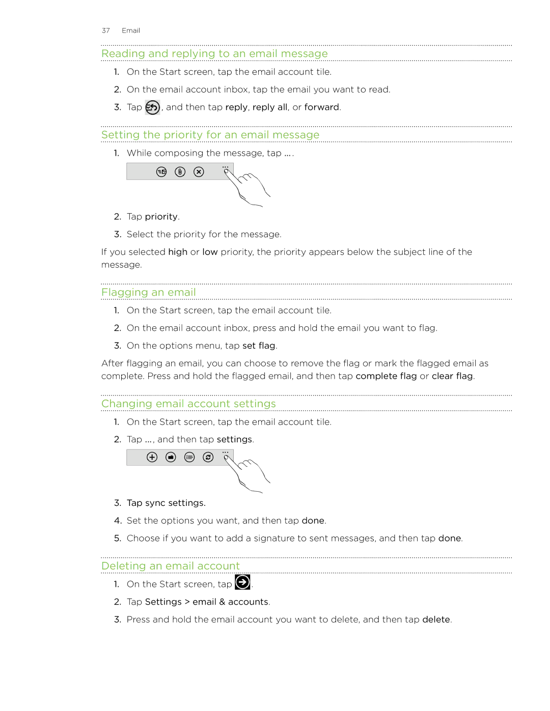 HTC 7 manual Reading and replying to an email message, Setting the priority for an email message, Flagging an email 