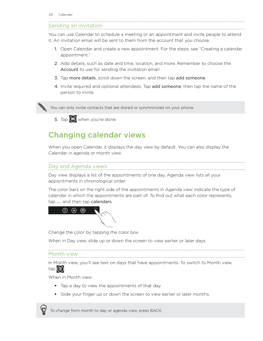 HTC 7 manual Changing calendar views, Sending an invitation, Day and Agenda views, Month view 