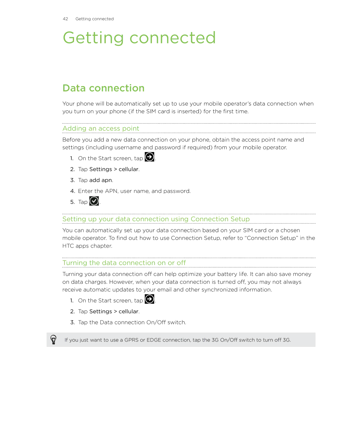 HTC 7 Getting connected, Data connection, Adding an access point, Setting up your data connection using Connection Setup 