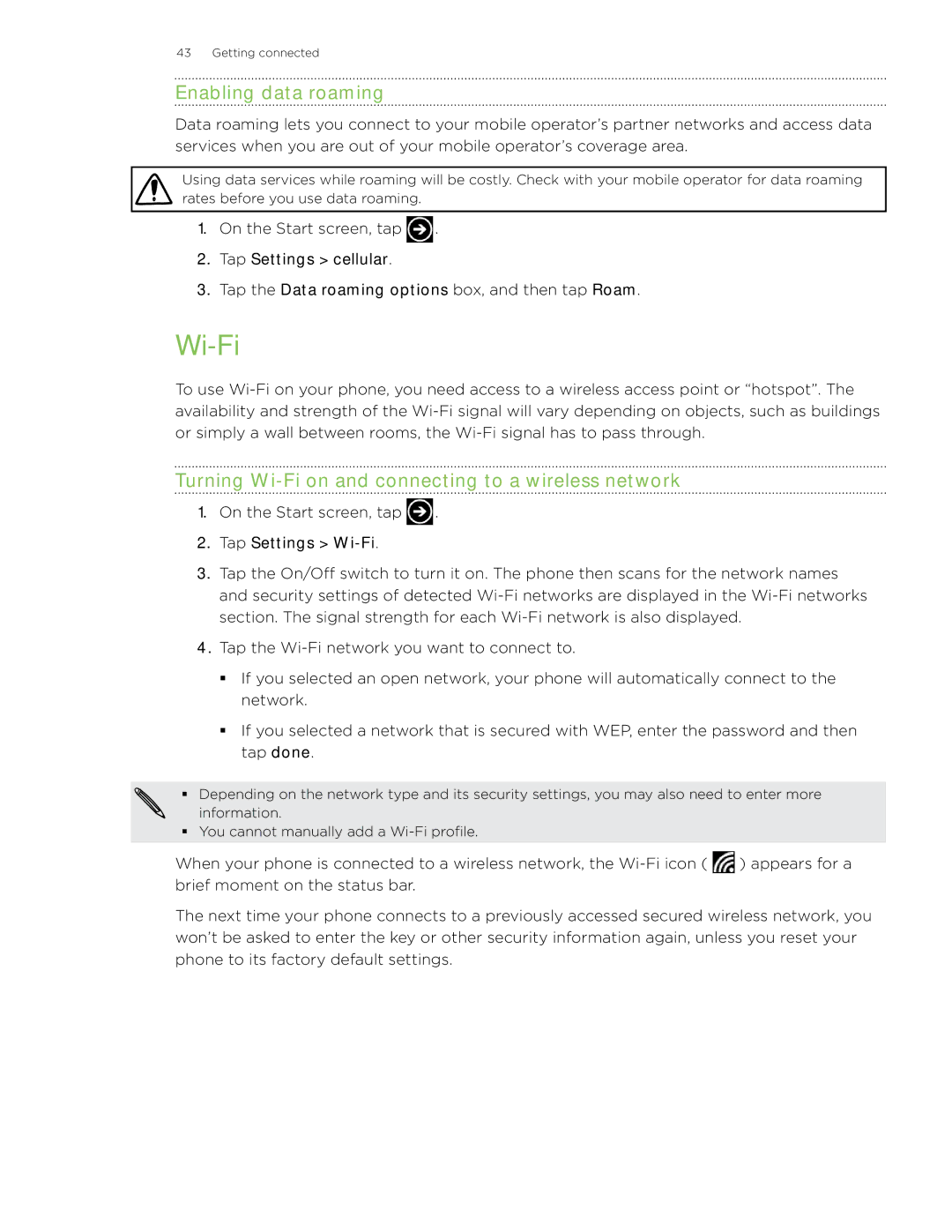 HTC 7 manual Enabling data roaming, Turning Wi-Fi on and connecting to a wireless network 