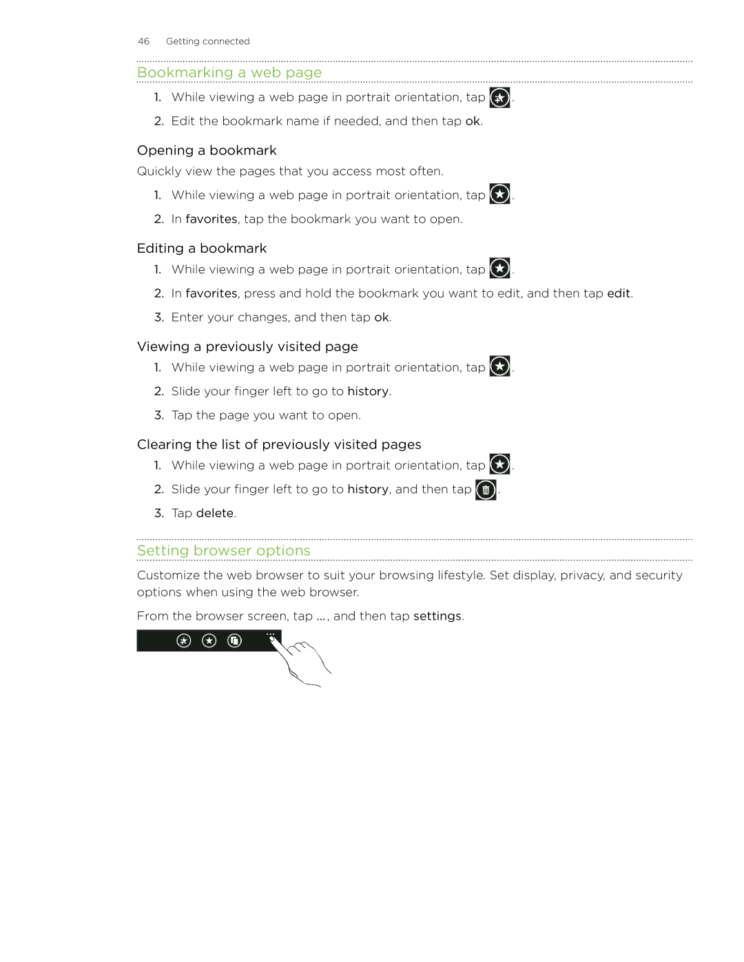 HTC 7 manual Bookmarking a web, Setting browser options 