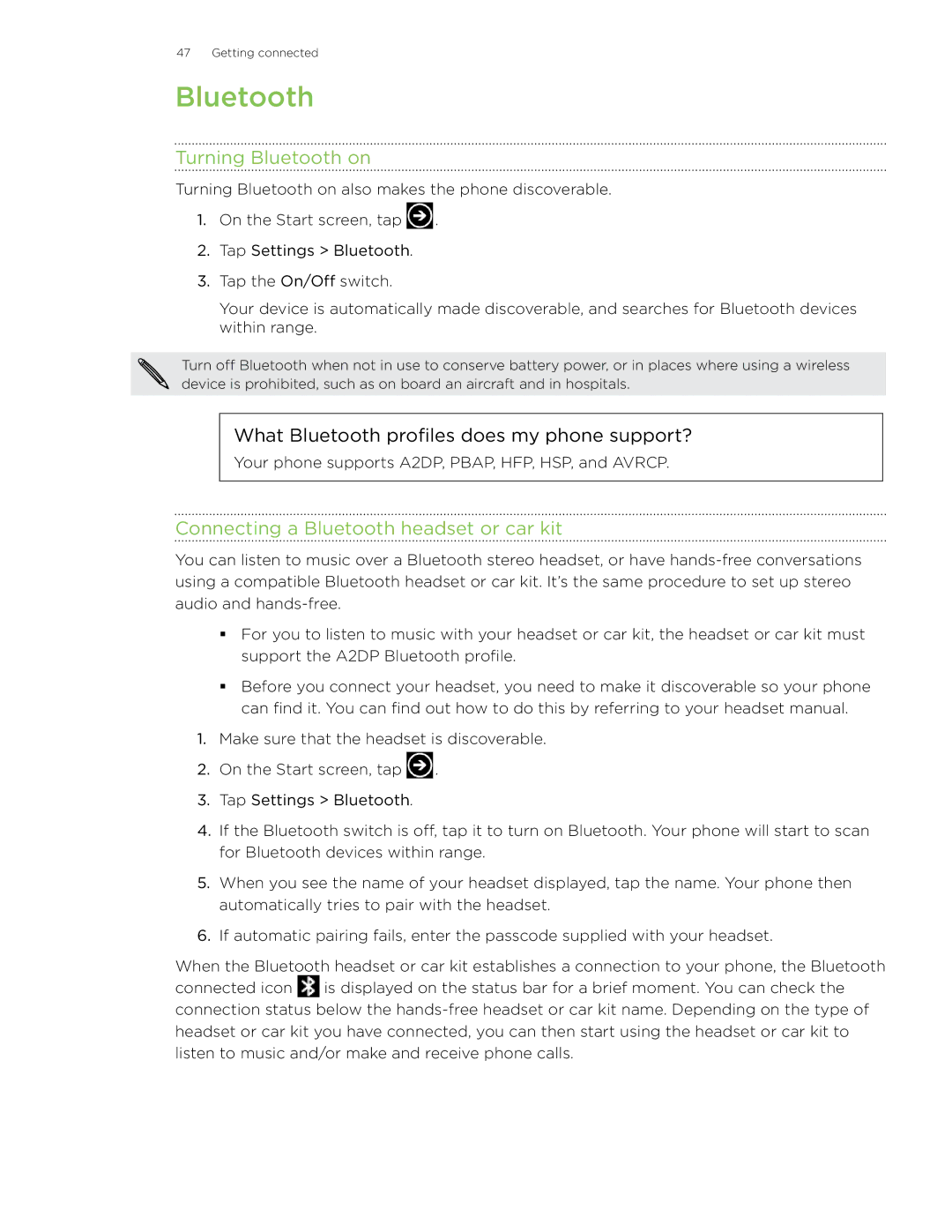 HTC 7 manual Turning Bluetooth on, Connecting a Bluetooth headset or car kit 