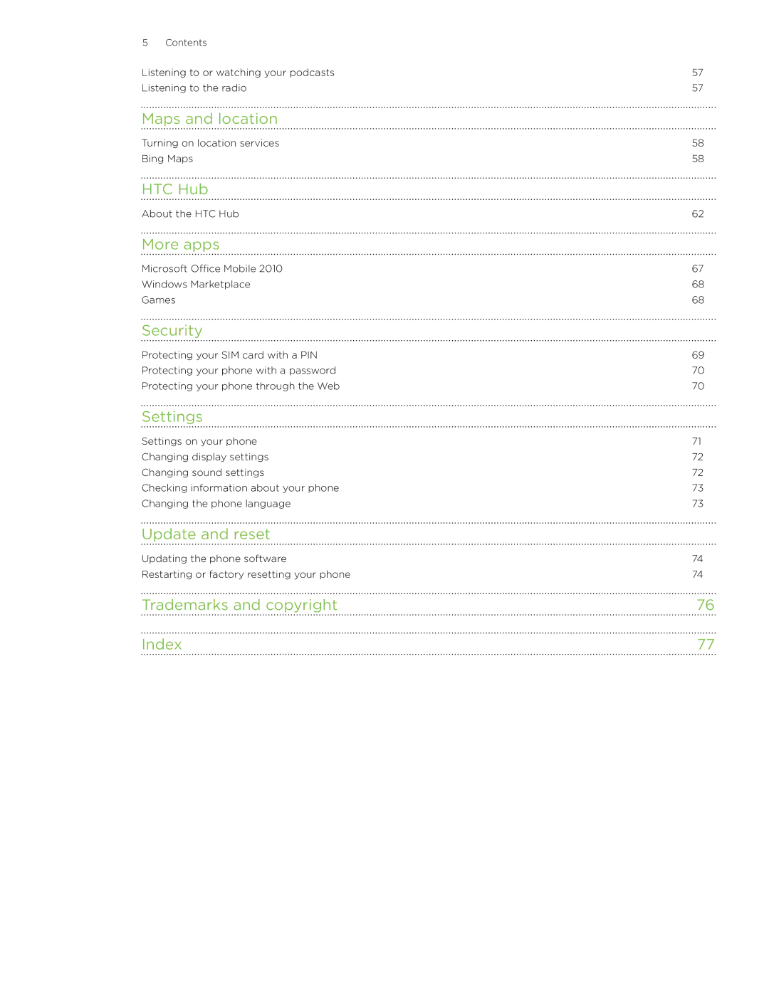 HTC 7 manual Maps and location, HTC Hub, More apps, Security, Settings, Update and reset, Trademarks and copyright Index 