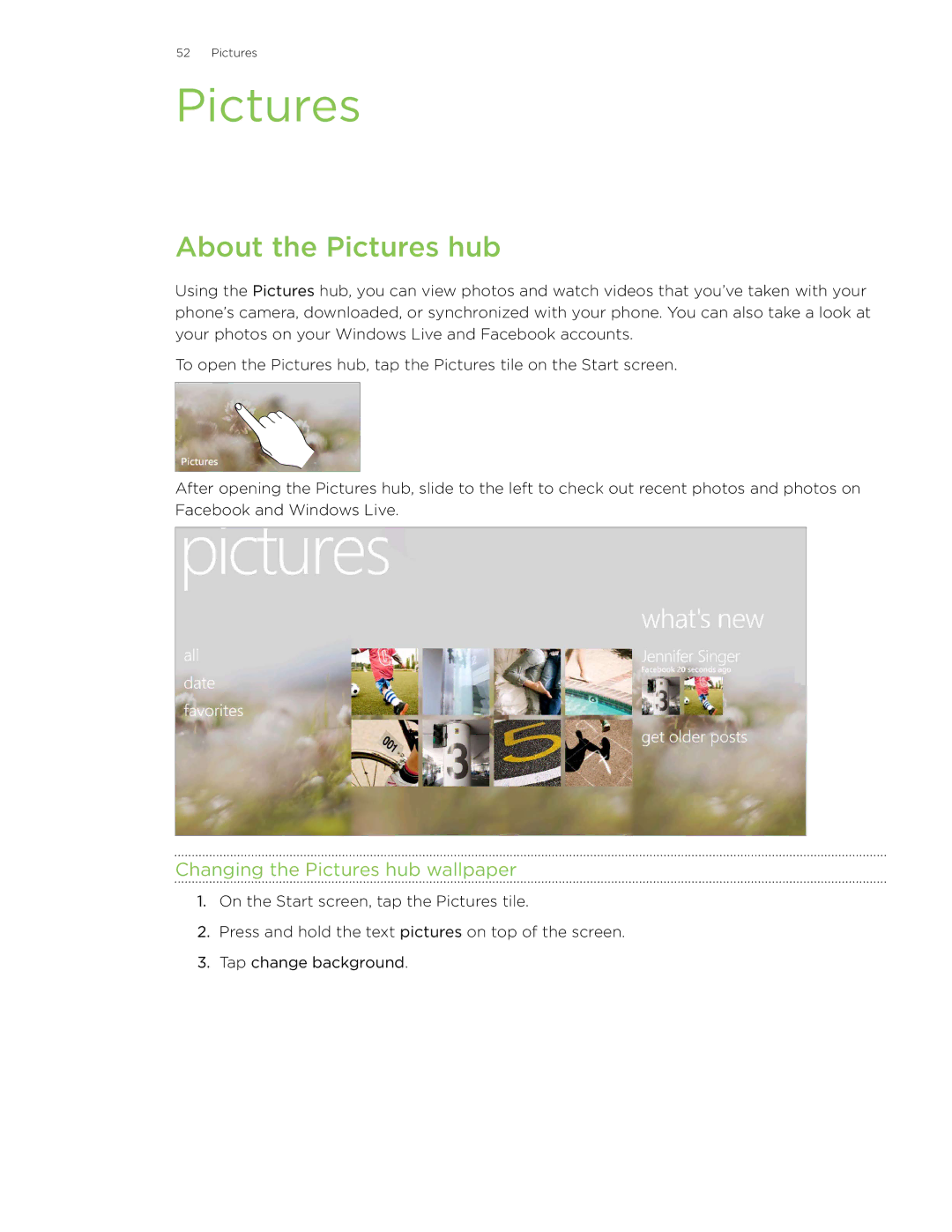 HTC 7 manual About the Pictures hub, Changing the Pictures hub wallpaper 