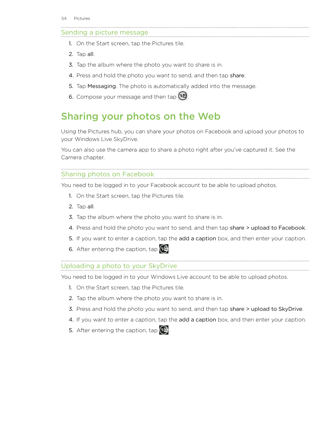 HTC 7 manual Sharing your photos on the Web, Sending a picture message, Sharing photos on Facebook 