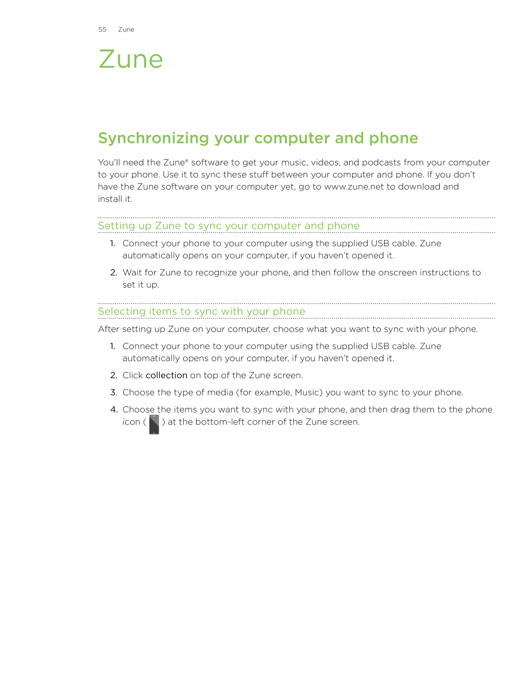 HTC 7 manual Synchronizing your computer and phone, Setting up Zune to sync your computer and phone 