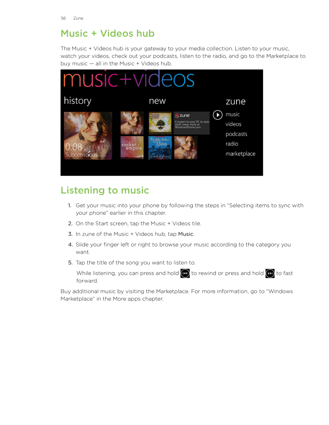 HTC 7 manual Music + Videos hub, Listening to music 