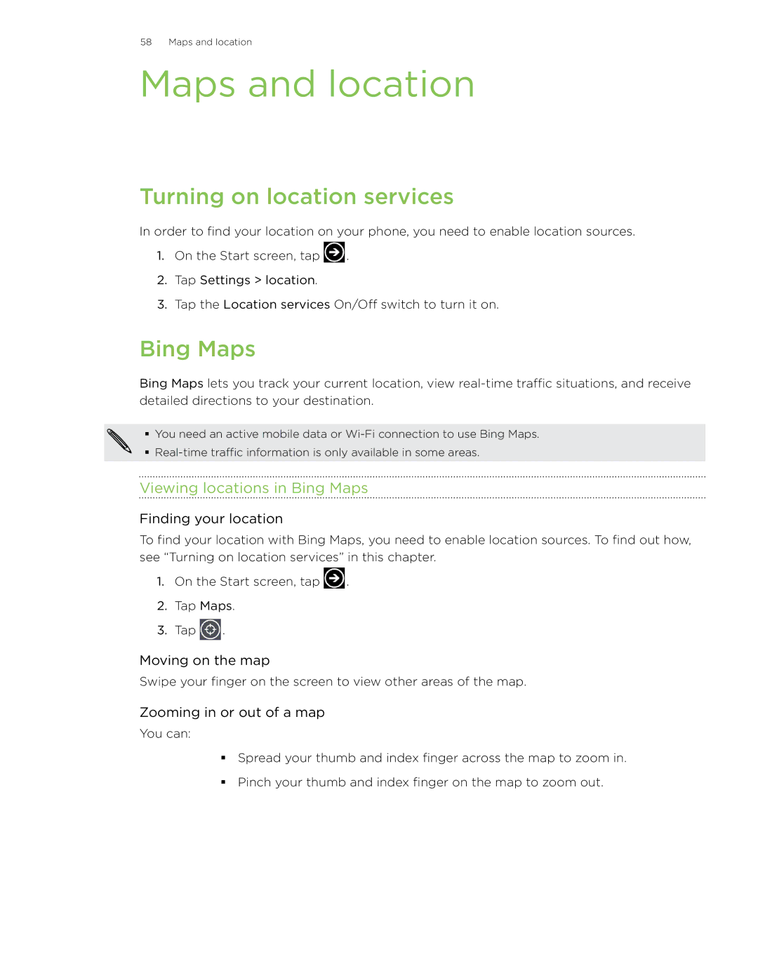 HTC 7 manual Maps and location, Turning on location services, Viewing locations in Bing Maps 