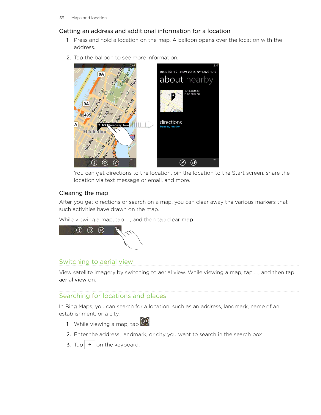 HTC 7 manual Switching to aerial view, Searching for locations and places, Clearing the map 