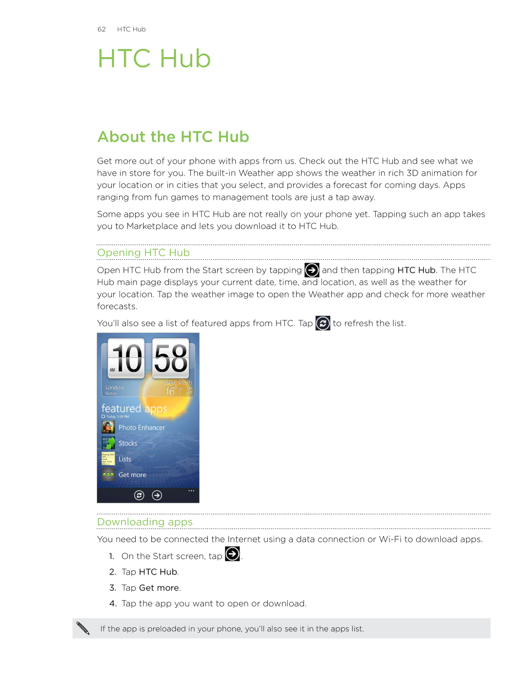 HTC 7 manual About the HTC Hub, Opening HTC Hub, Downloading apps 