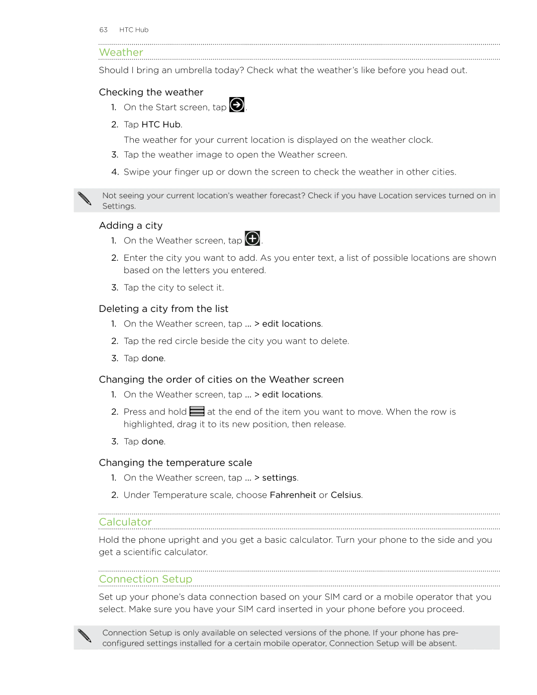 HTC 7 manual Weather, Calculator, Connection Setup 