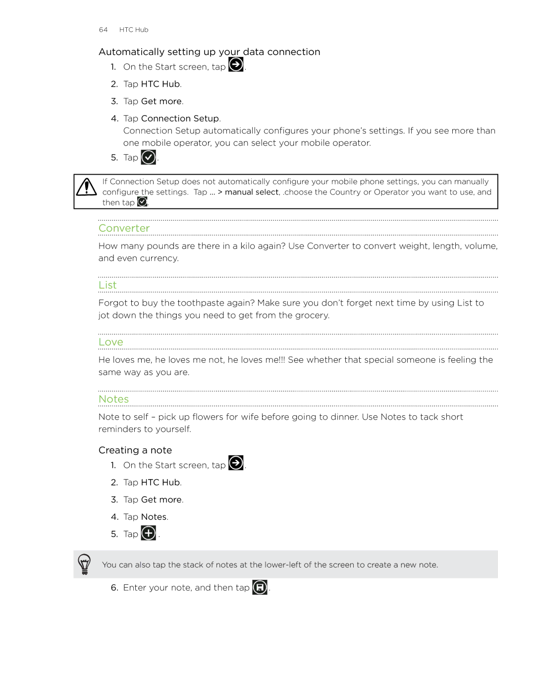 HTC 7 manual Converter, List, Love, Automatically setting up your data connection, Creating a note 