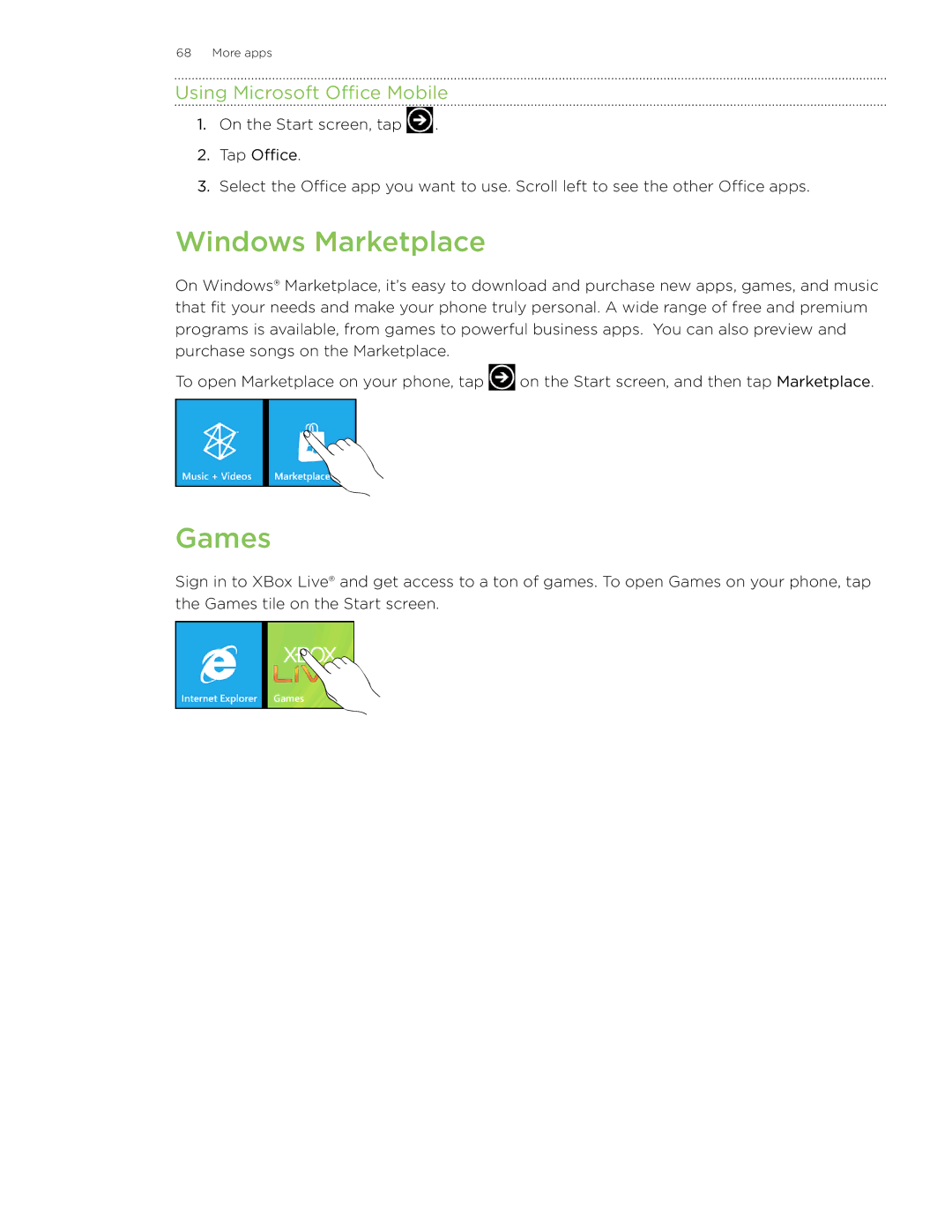 HTC 7 manual Windows Marketplace, Games, Using Microsoft Office Mobile 