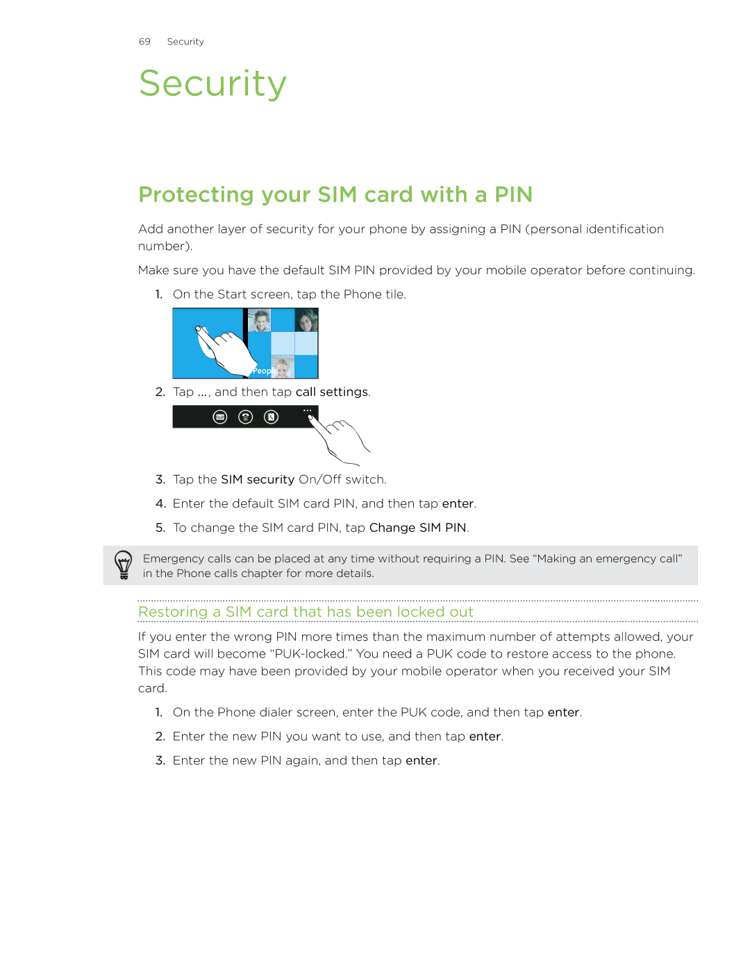 HTC 7 manual Security, Protecting your SIM card with a PIN, Restoring a SIM card that has been locked out 