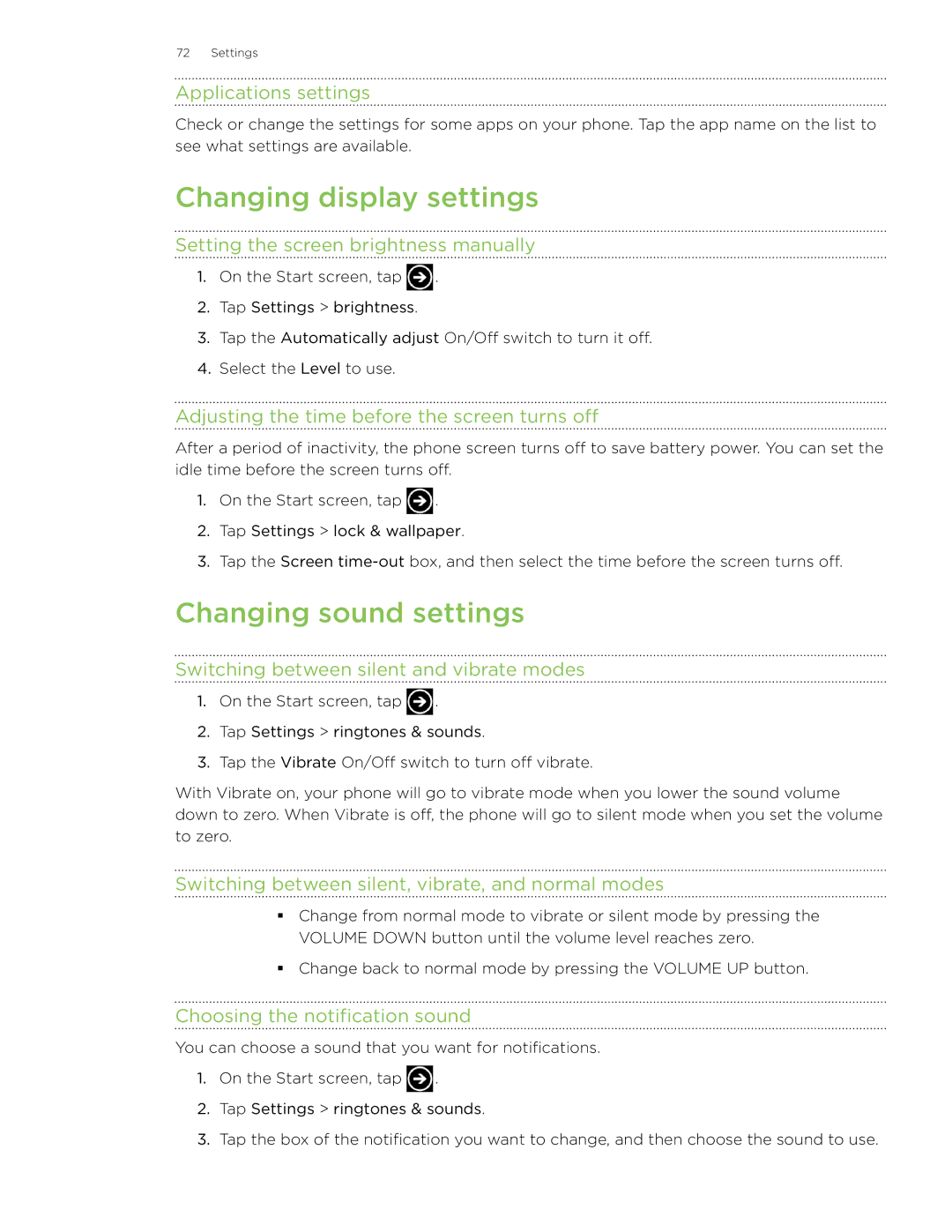 HTC 7 manual Changing display settings, Changing sound settings 