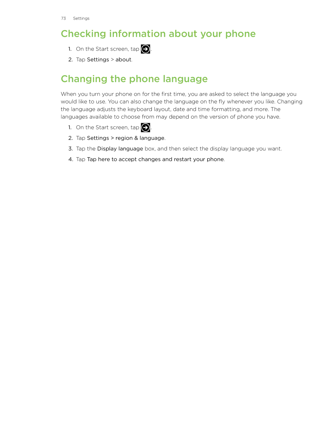 HTC 7 manual Checking information about your phone, Changing the phone language 