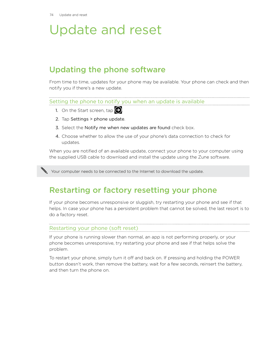 HTC 7 manual Update and reset, Updating the phone software, Restarting or factory resetting your phone 