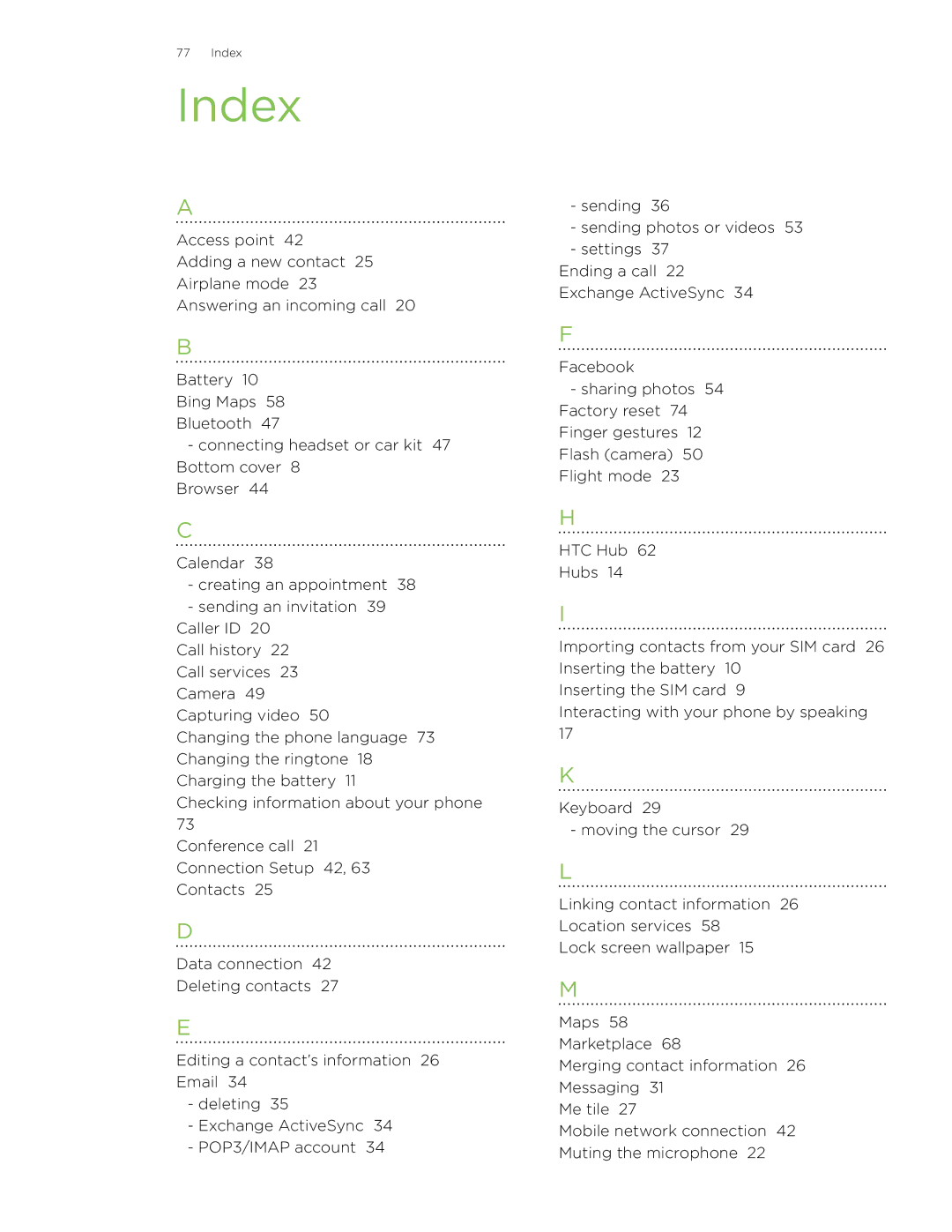 HTC 7 manual Index 