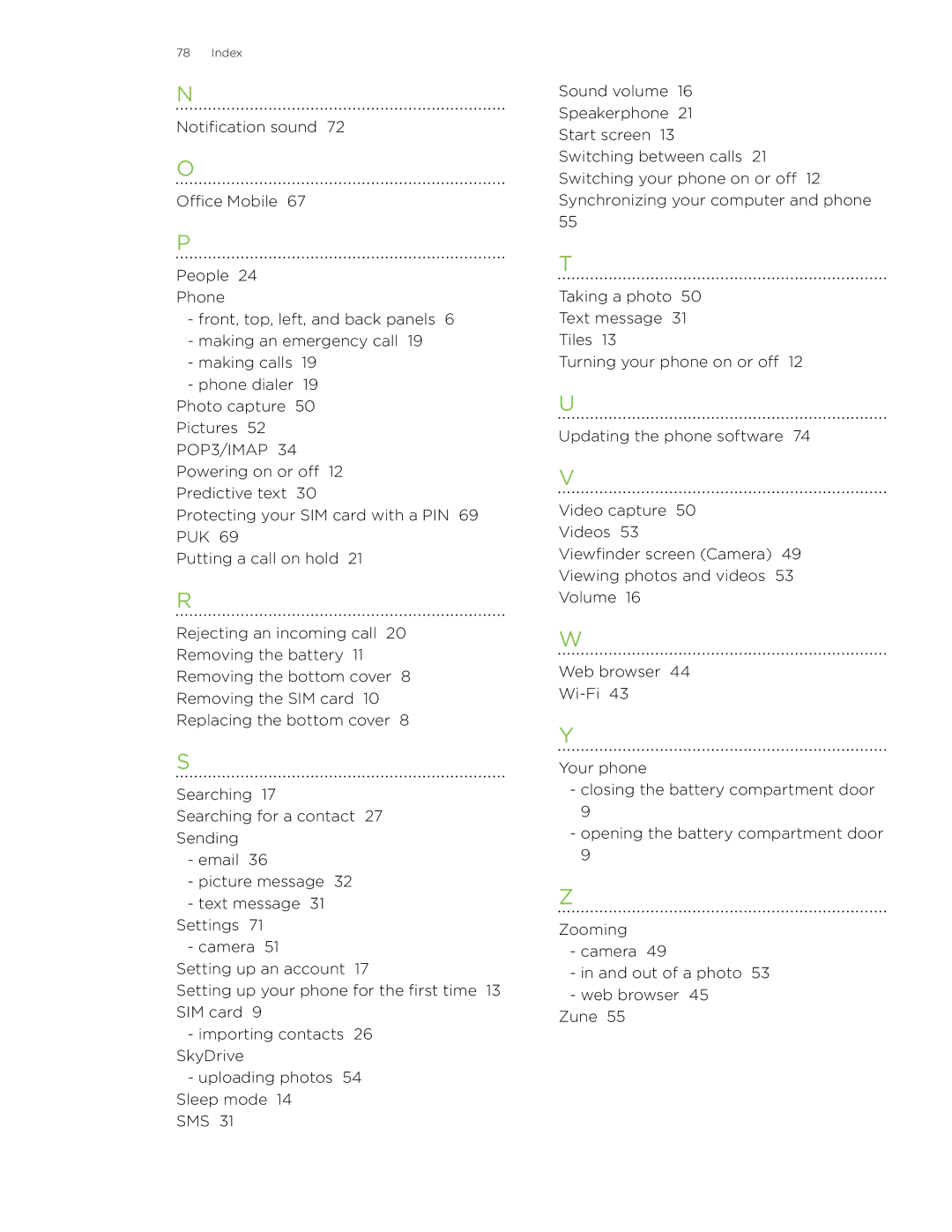 HTC 7 manual Index 