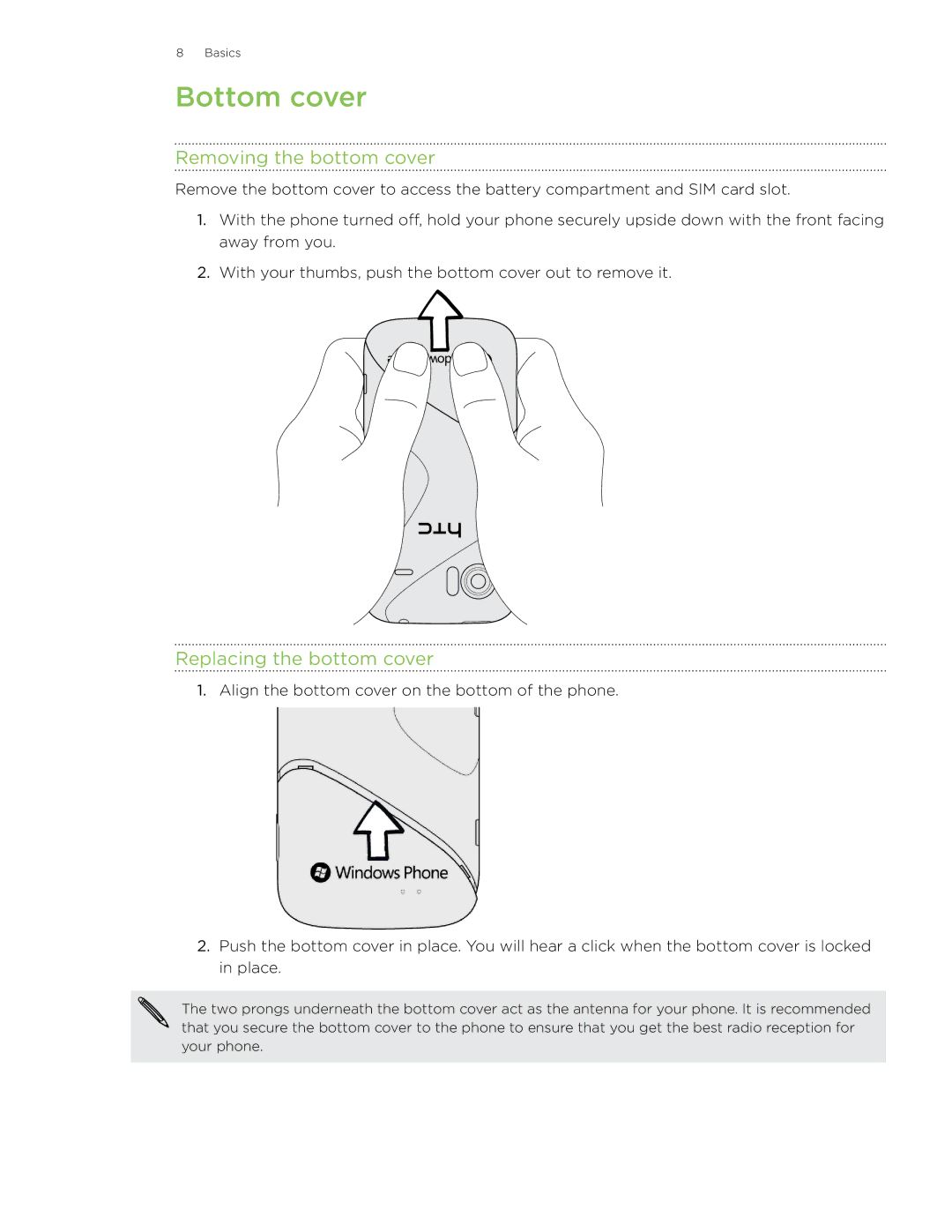 HTC 7 manual Bottom cover, Removing the bottom cover, Replacing the bottom cover 