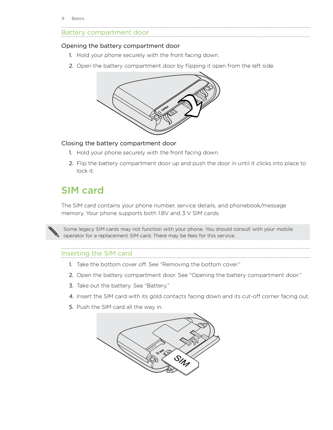 HTC 7 manual Battery compartment door, Inserting the SIM card, Opening the battery compartment door 