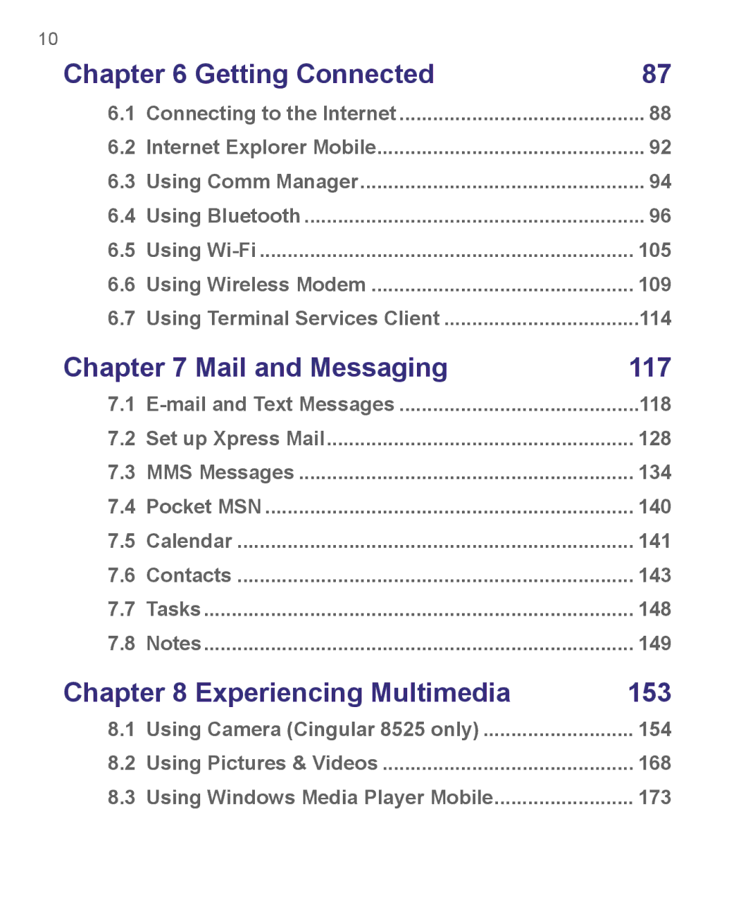 HTC 8500 user manual Getting Connected, Mail and Messaging 117, Experiencing Multimedia 153 