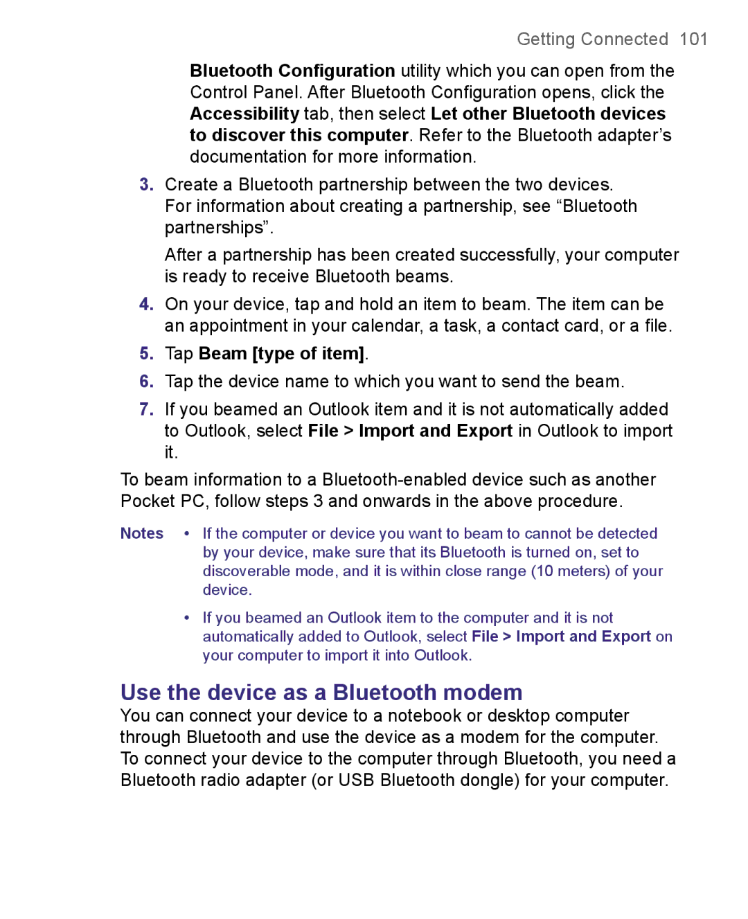 HTC 8500 user manual Use the device as a Bluetooth modem, Tap Beam type of item 