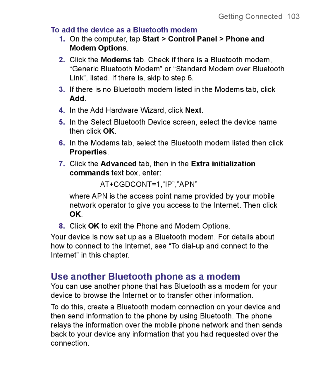 HTC 8500 user manual Use another Bluetooth phone as a modem, To add the device as a Bluetooth modem 