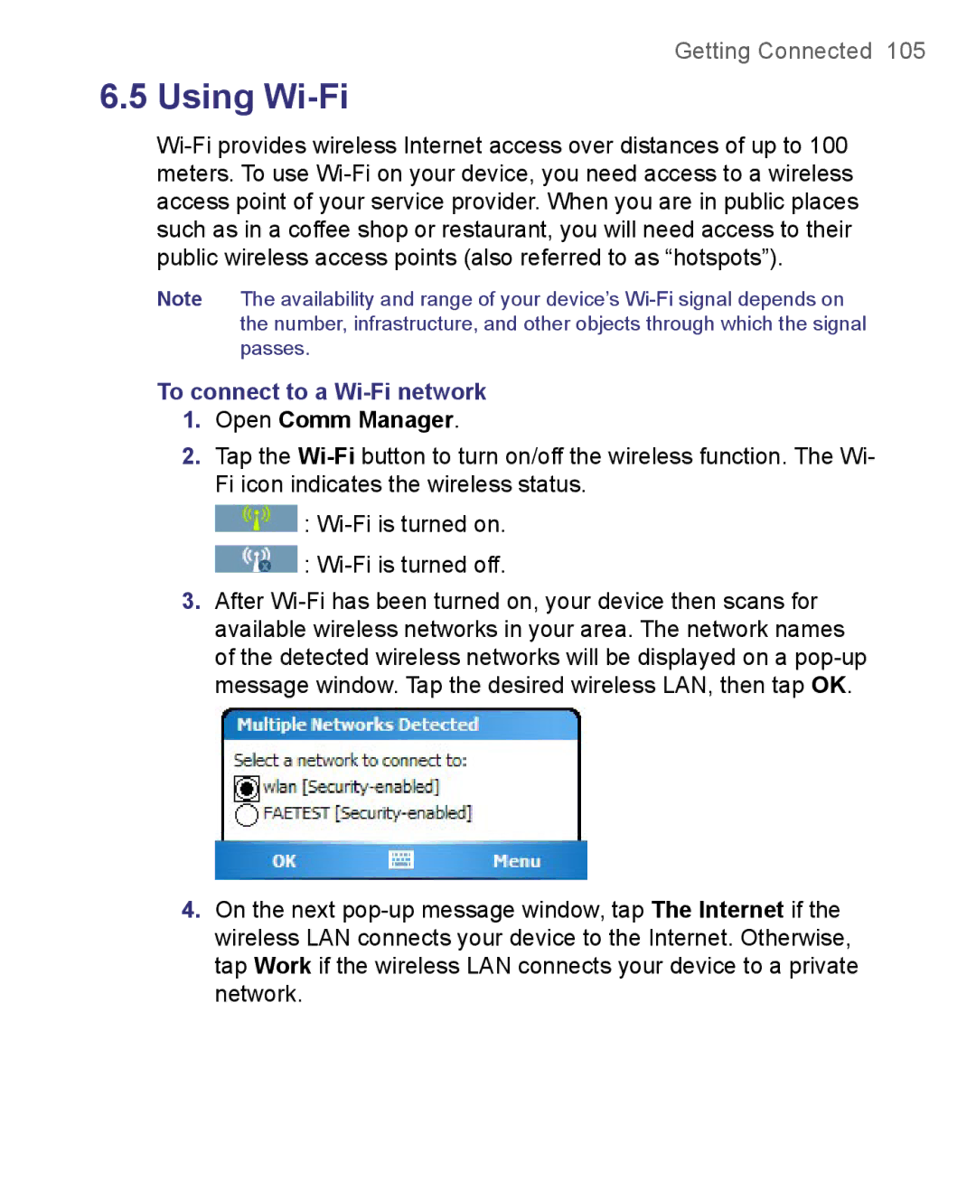 HTC 8500 user manual To connect to a Wi-Fi network, Open Comm Manager 