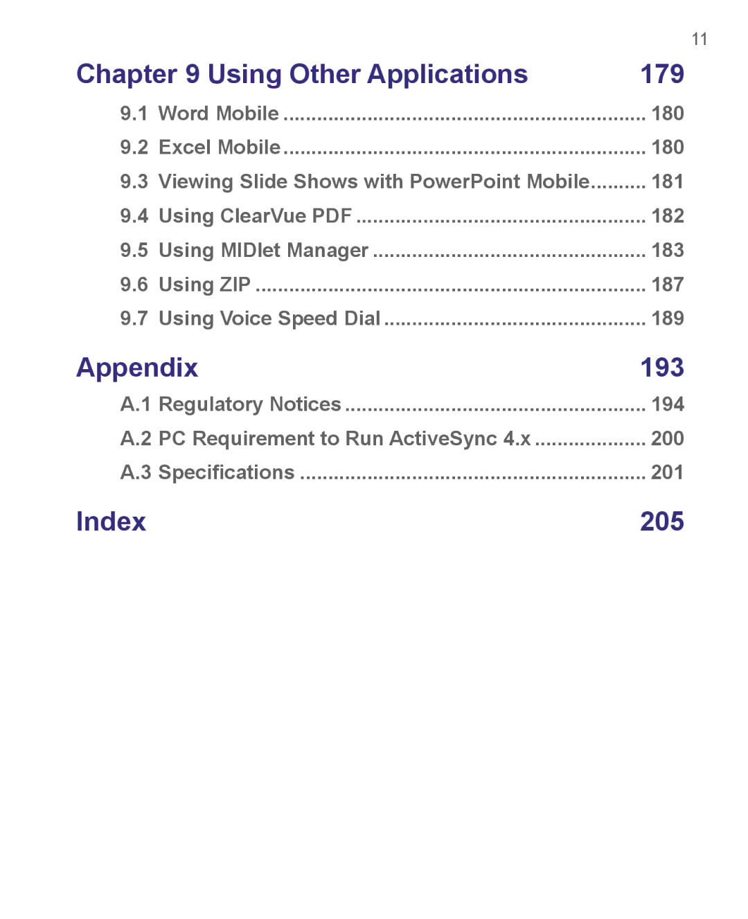 HTC 8500 user manual Using Other Applications 179, Appendix 193, Index 205 