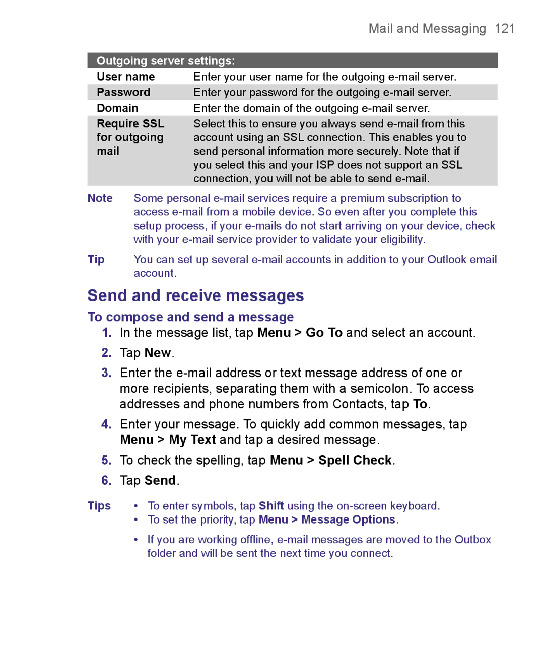 HTC 8500 user manual Send and receive messages, To compose and send a message, Outgoing server settings 