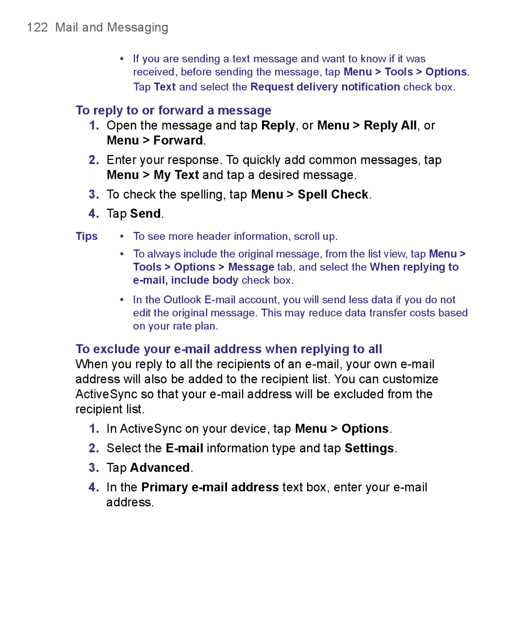 HTC 8500 user manual To reply to or forward a message, To exclude your e-mail address when replying to all, Tap Advanced 