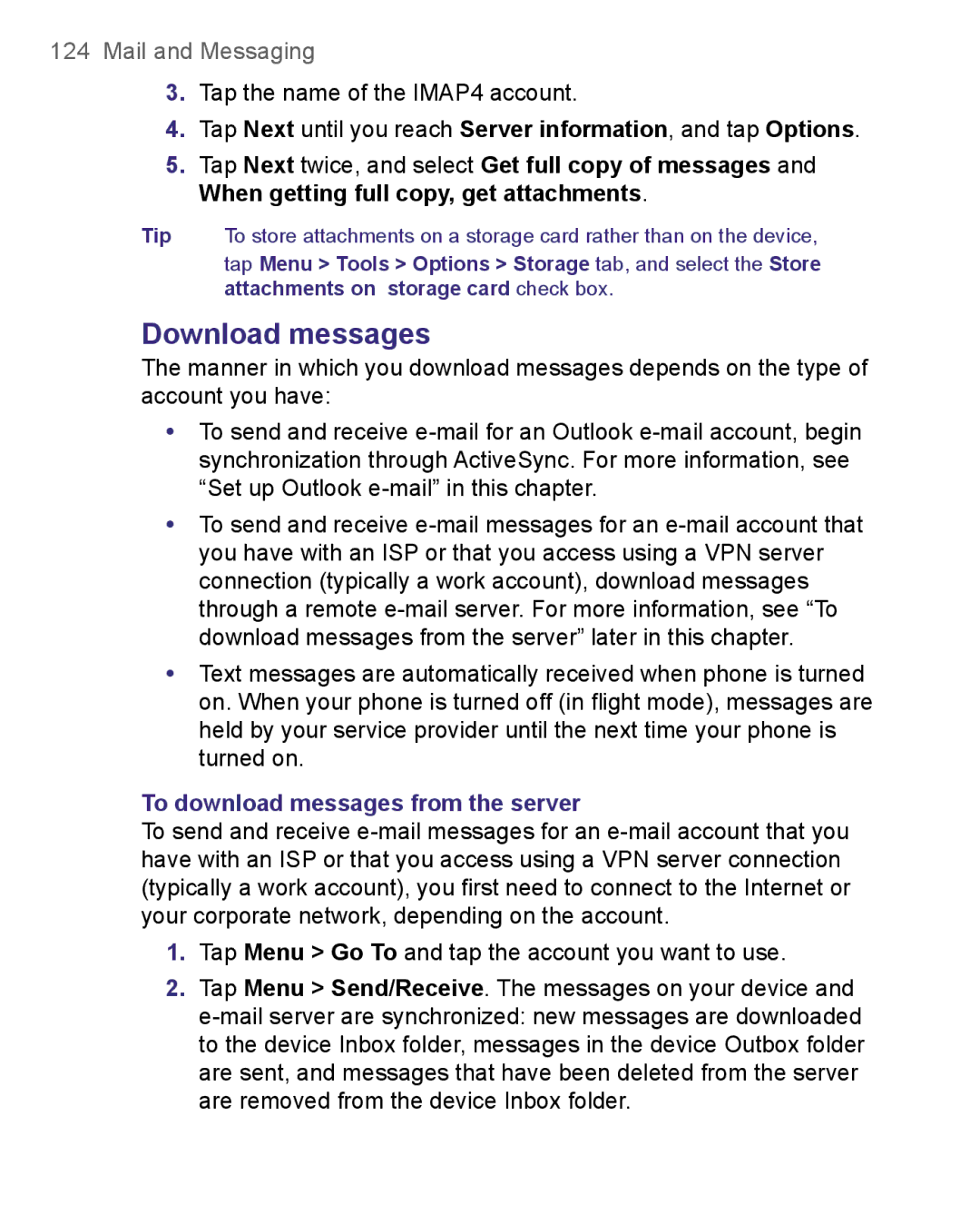 HTC 8500 user manual Download messages, To download messages from the server 