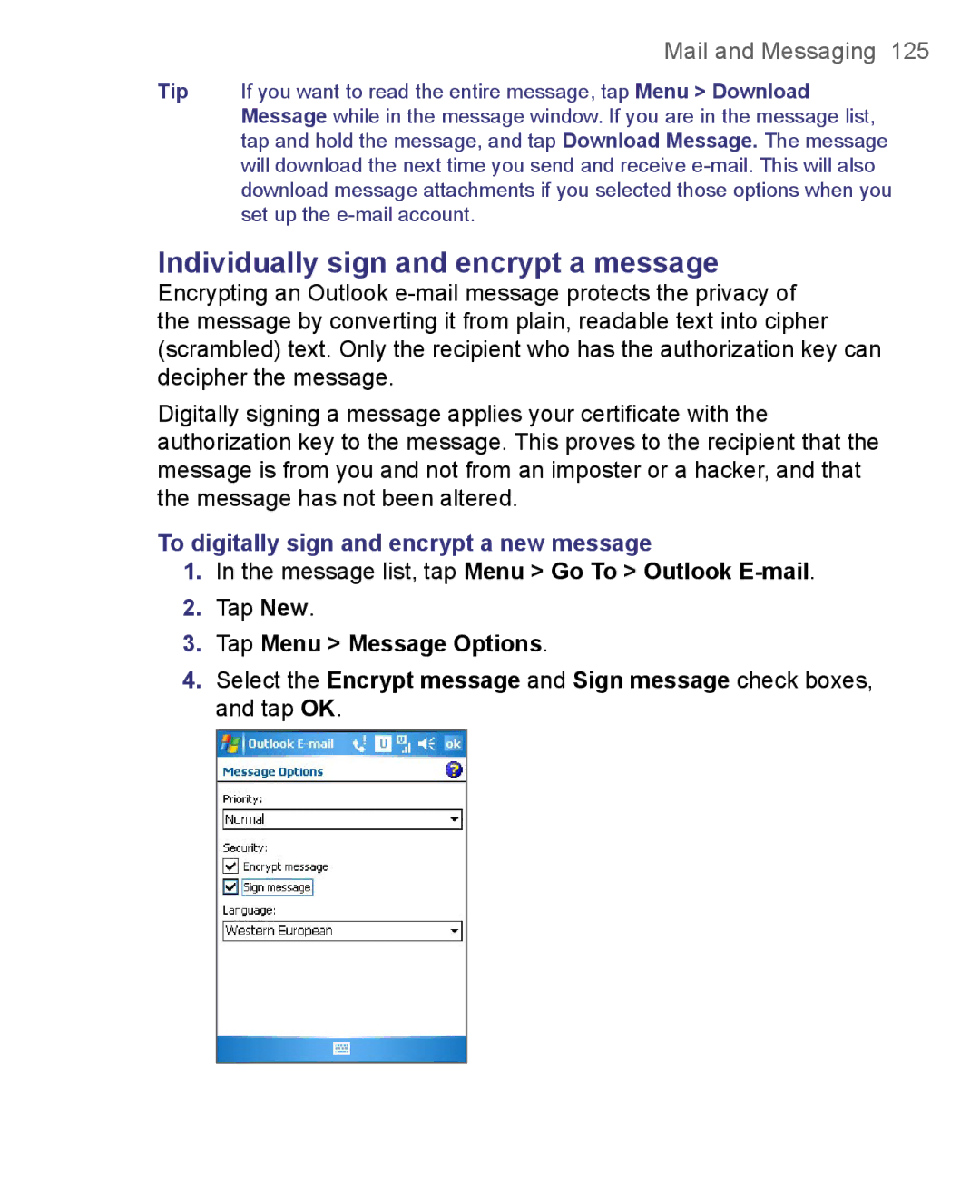 HTC 8500 user manual Individually sign and encrypt a message, To digitally sign and encrypt a new message 