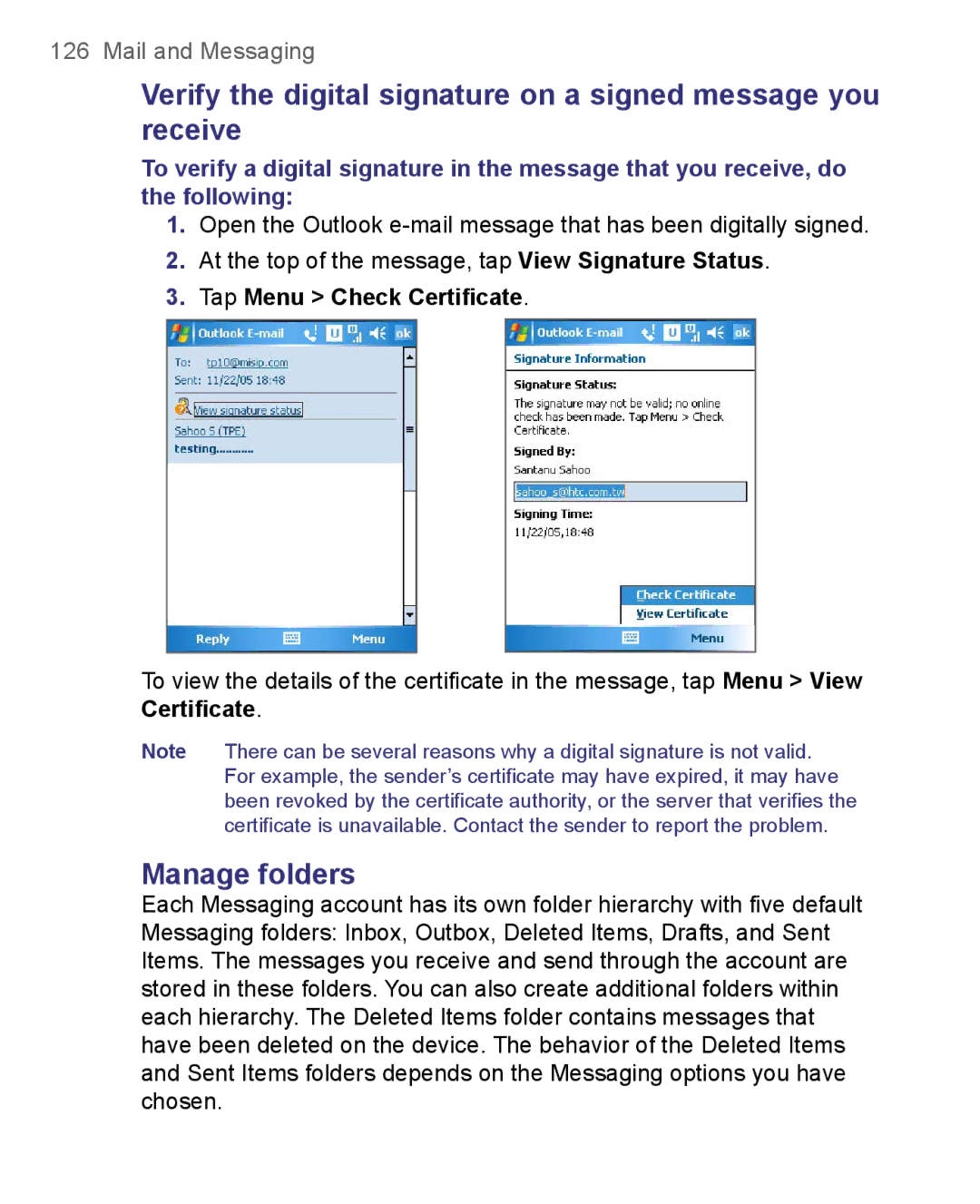 HTC 8500 user manual Manage folders, Tap Menu Check Certiﬁcate 