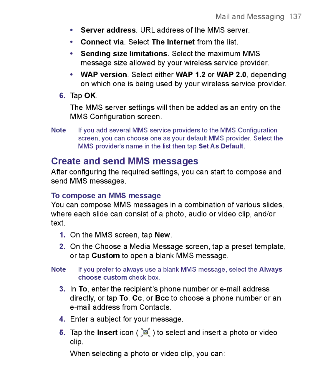 HTC 8500 Create and send MMS messages, Connect via. Select The Internet from the list, To compose an MMS message 