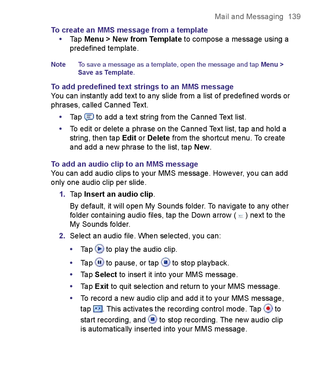 HTC 8500 user manual To create an MMS message from a template, To add predeﬁned text strings to an MMS message 