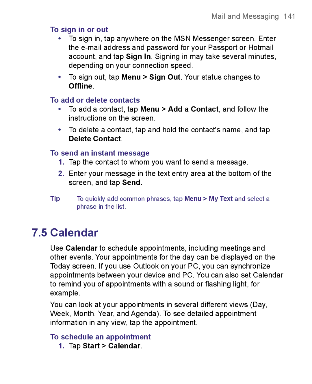 HTC 8500 user manual To sign in or out, To add or delete contacts, To send an instant message, To schedule an appointment 