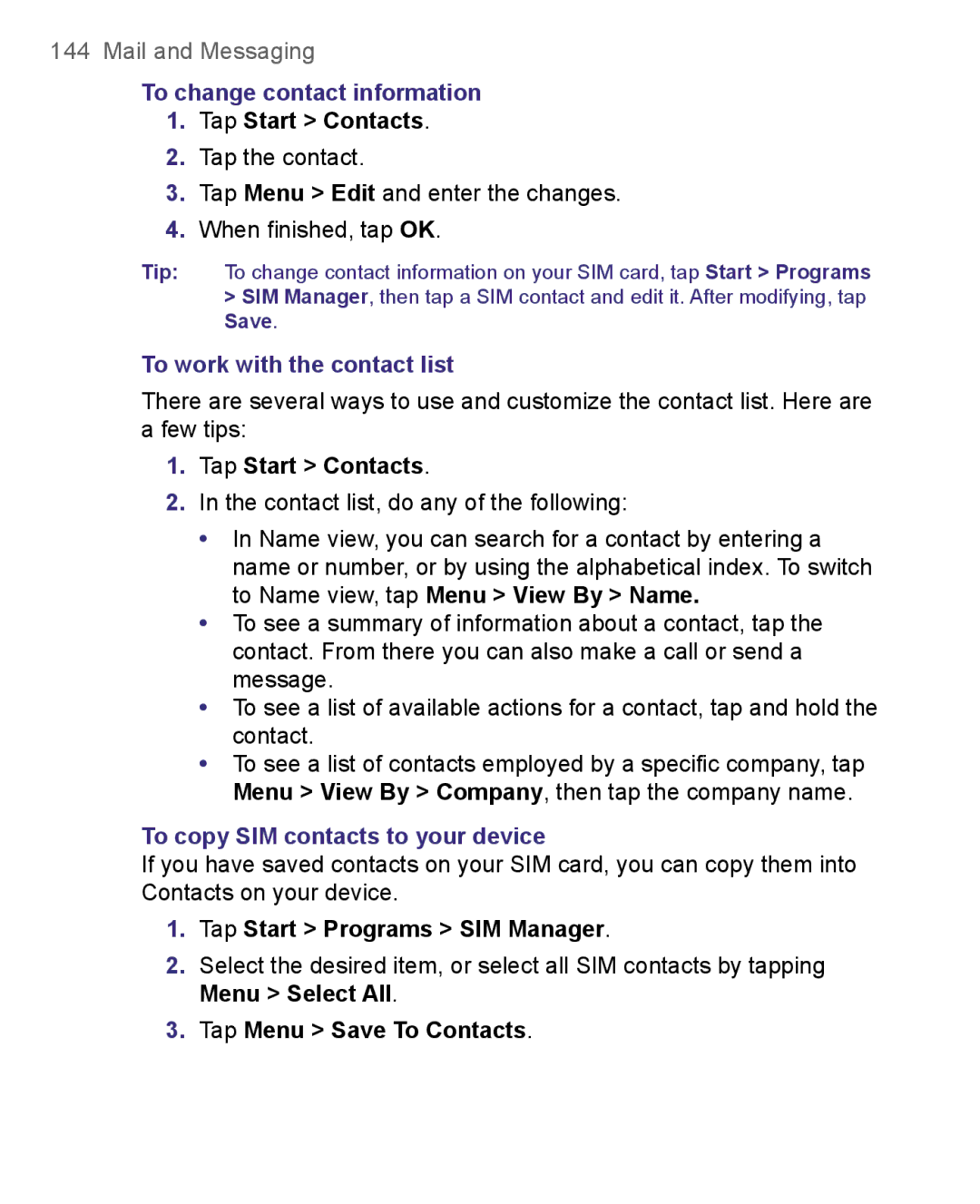 HTC 8500 user manual To change contact information, To work with the contact list, To copy SIM contacts to your device 