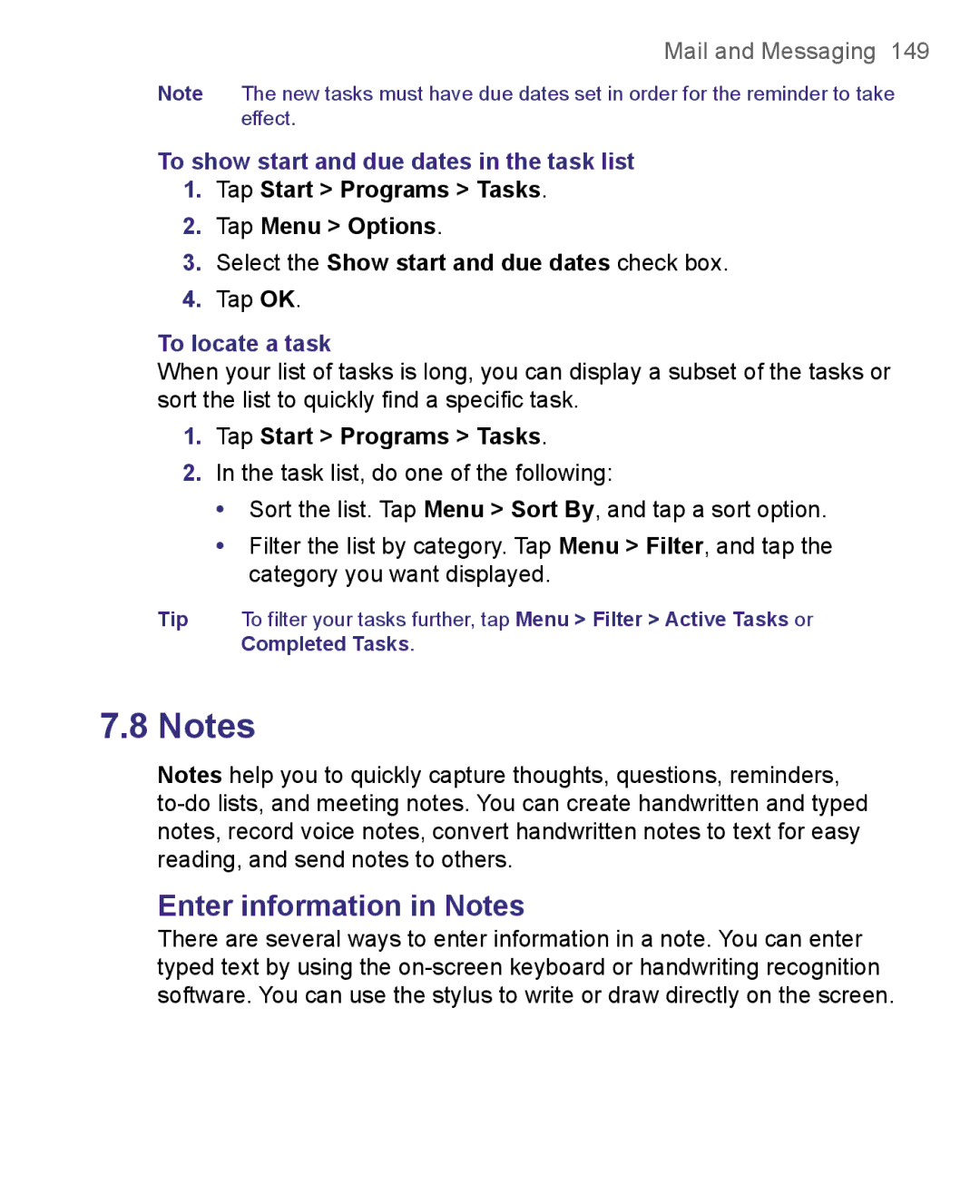 HTC 8500 user manual Enter information in Notes, To show start and due dates in the task list, To locate a task 