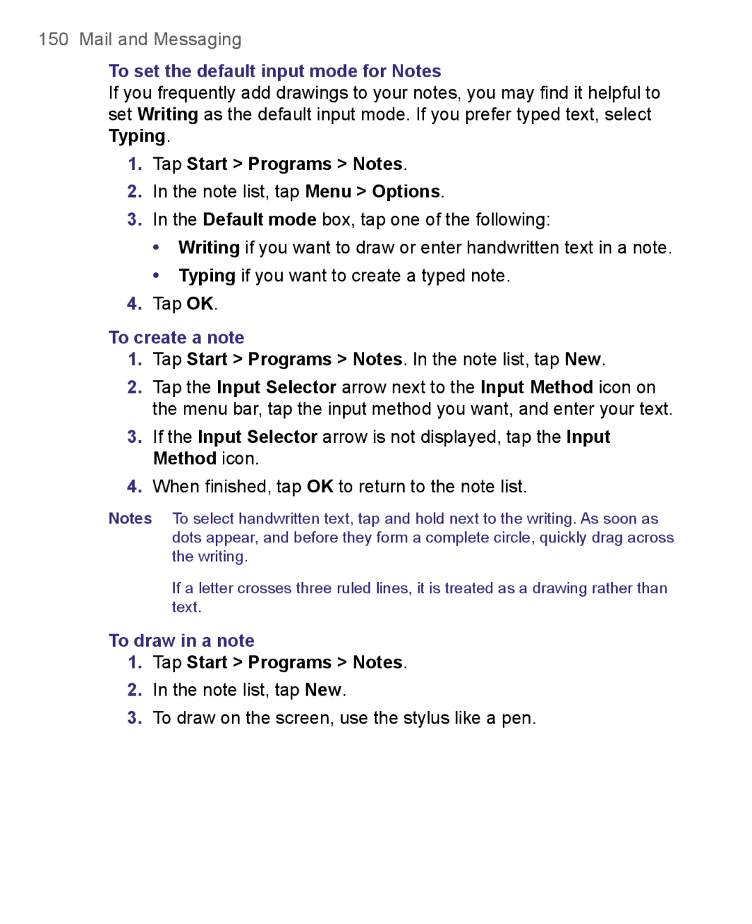 HTC 8500 user manual To set the default input mode for Notes, Tap Start Programs Notes, To create a note, To draw in a note 