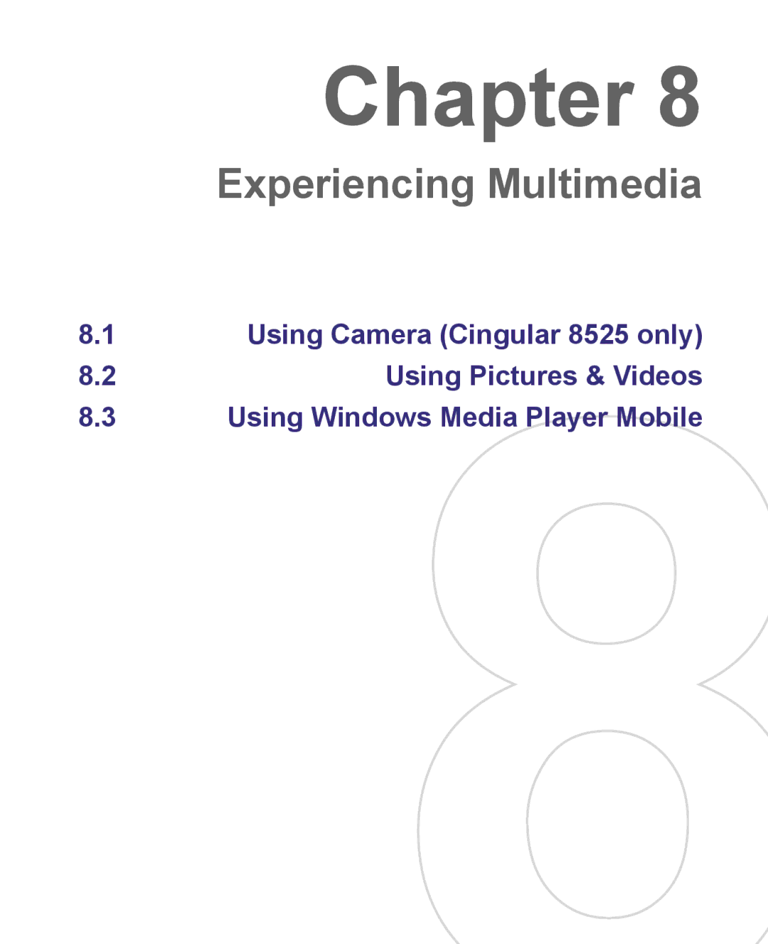 HTC 8500 user manual Using Camera Cingular 8525 only, Using Windows Media Player Mobile 