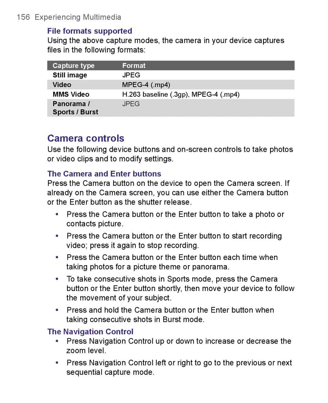 HTC 8500 Camera controls, File formats supported, Camera and Enter buttons, Navigation Control, Capture type Format 