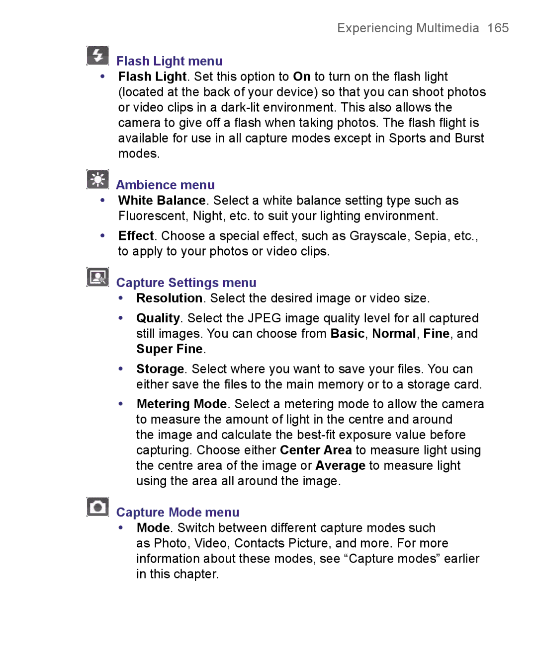 HTC 8500 user manual Flash Light menu, Ambience menu, Capture Settings menu, Capture Mode menu 