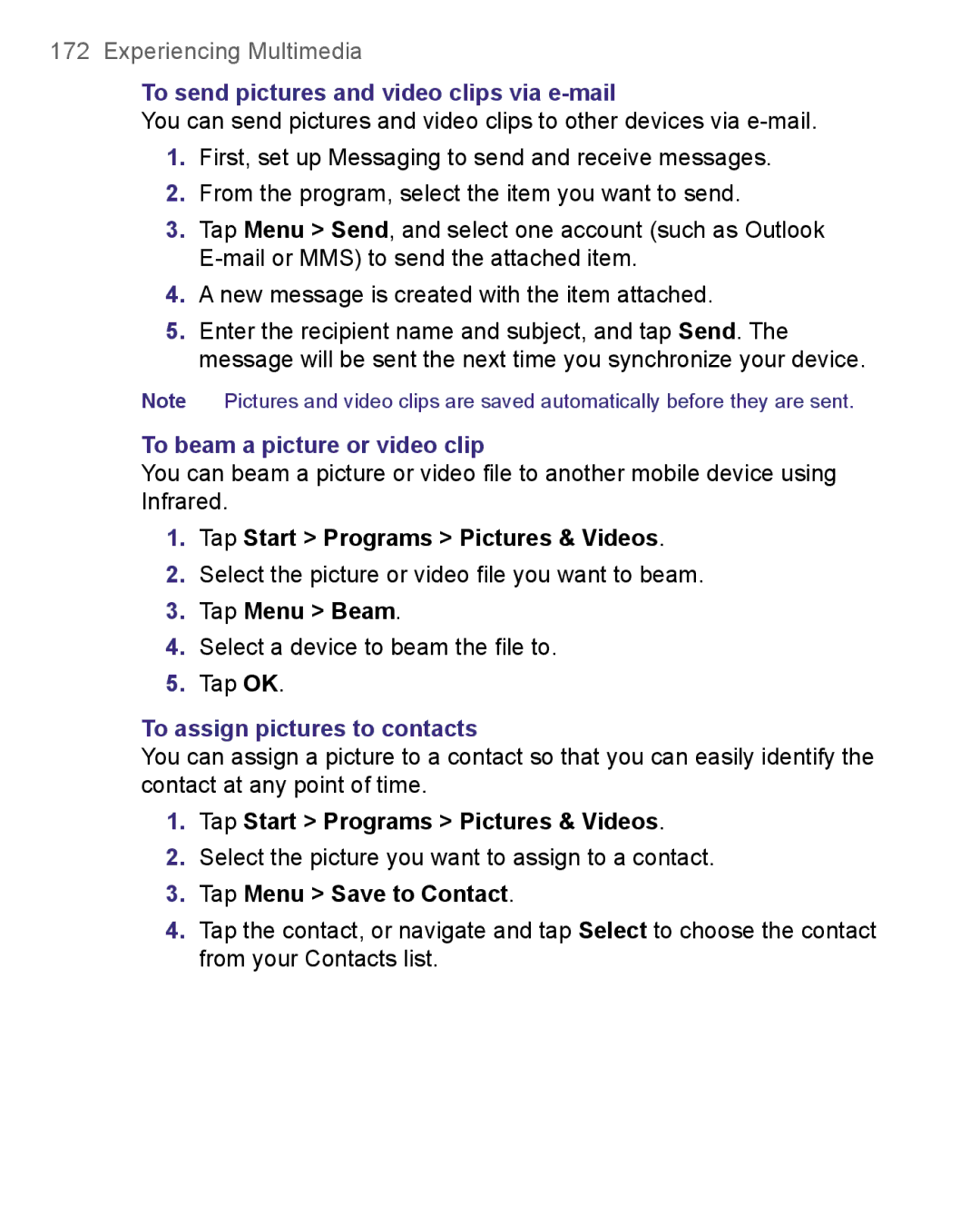 HTC 8500 user manual To send pictures and video clips via e-mail, To beam a picture or video clip, Tap Menu Beam 