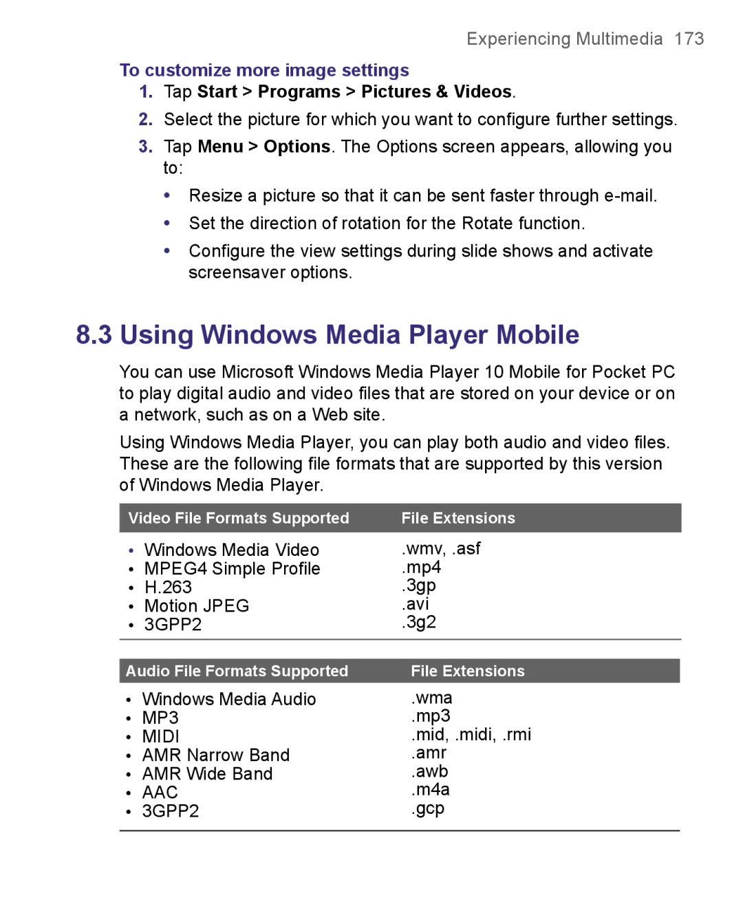 HTC 8500 user manual To customize more image settings, Video File Formats Supported File Extensions 