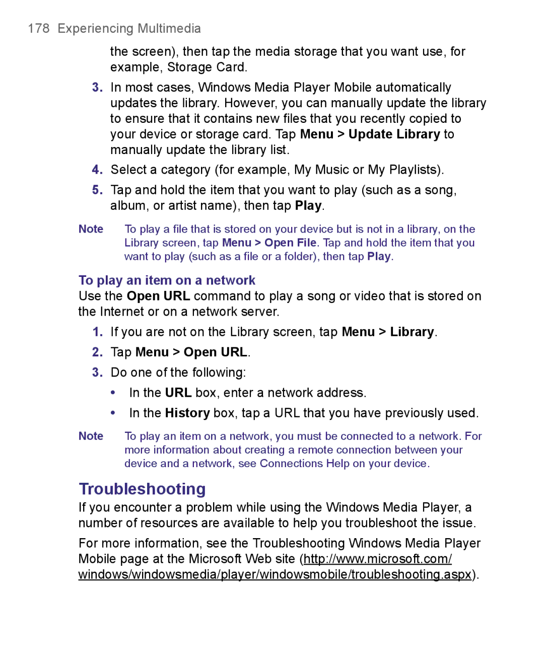 HTC 8500 user manual Troubleshooting, To play an item on a network, Tap Menu Open URL 